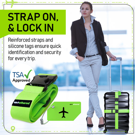 Green 4 Premium Luggage Straps and 4 Silicone Tags