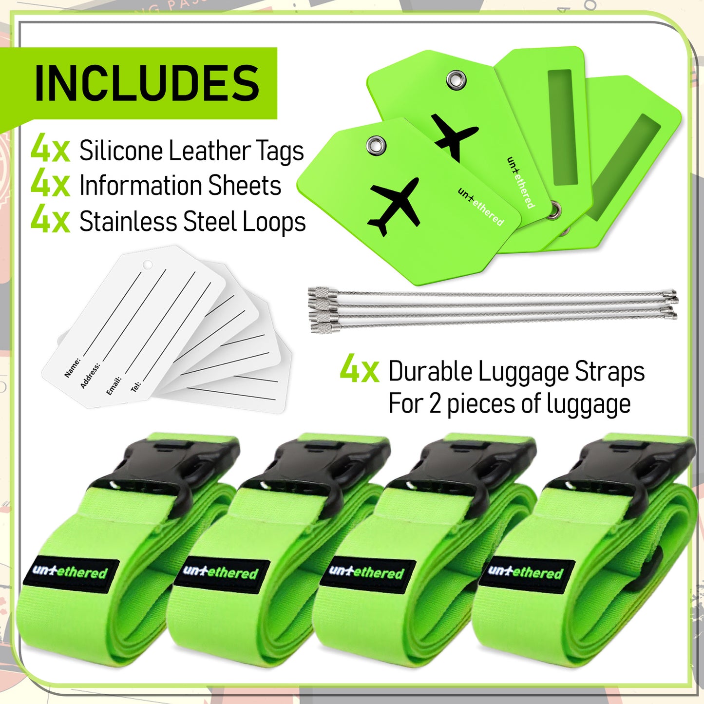 4-Pack Green Luggage Tag and Strap Set