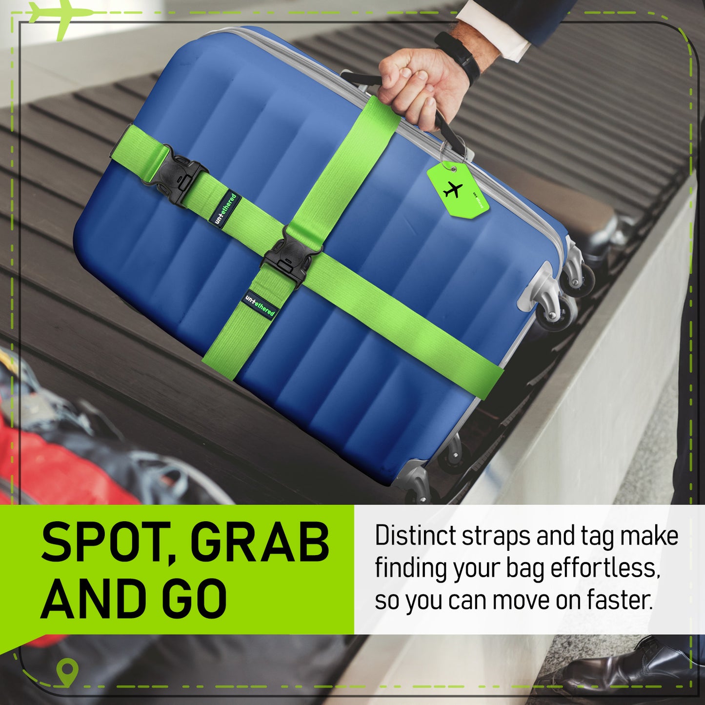 Green 4 Premium Luggage Straps and 4 Silicone Tags