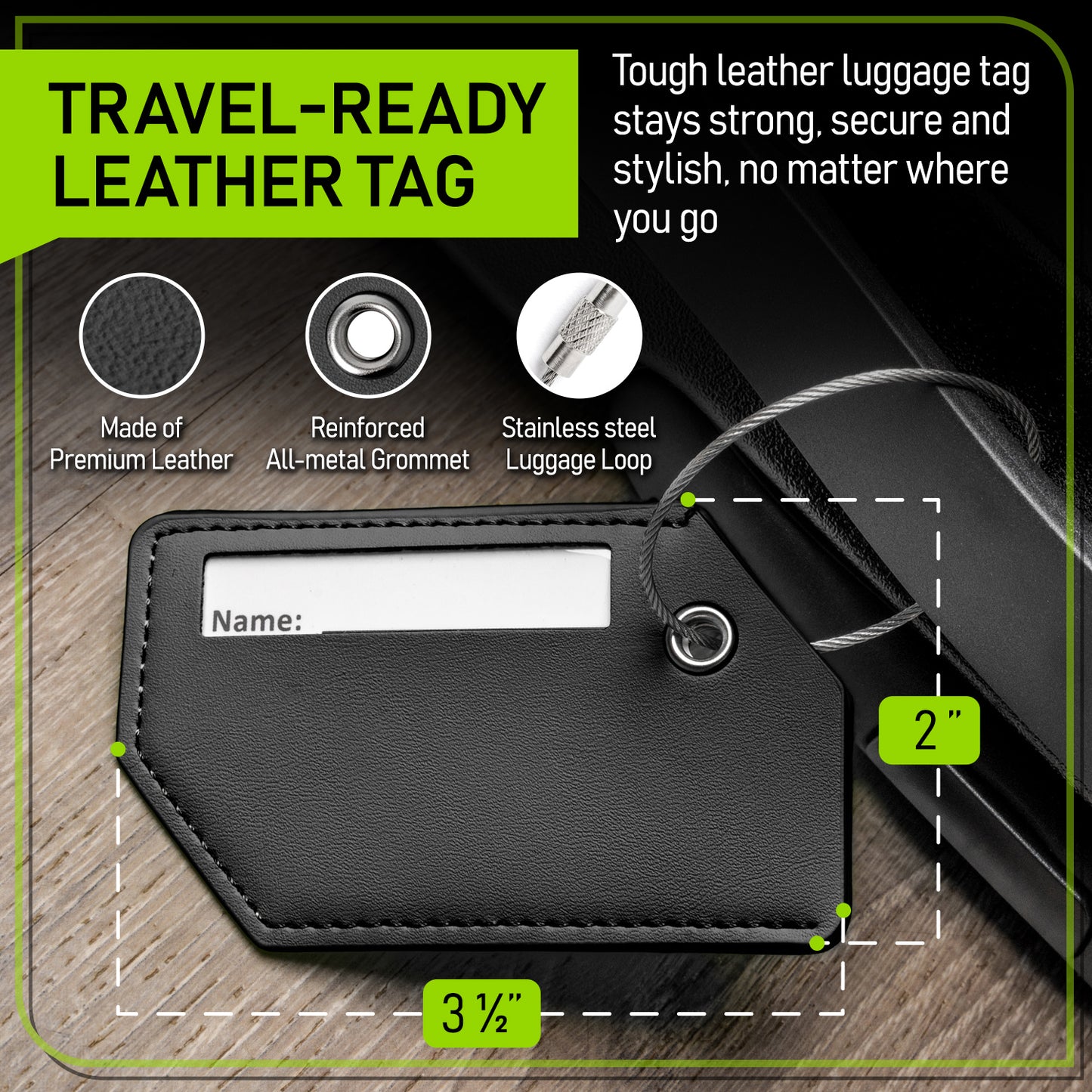4-Pack Black Leather Luggage Tag Set
