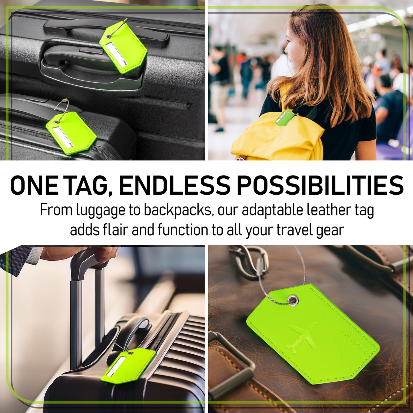 4-Pack Green Leather Luggage Tag Set