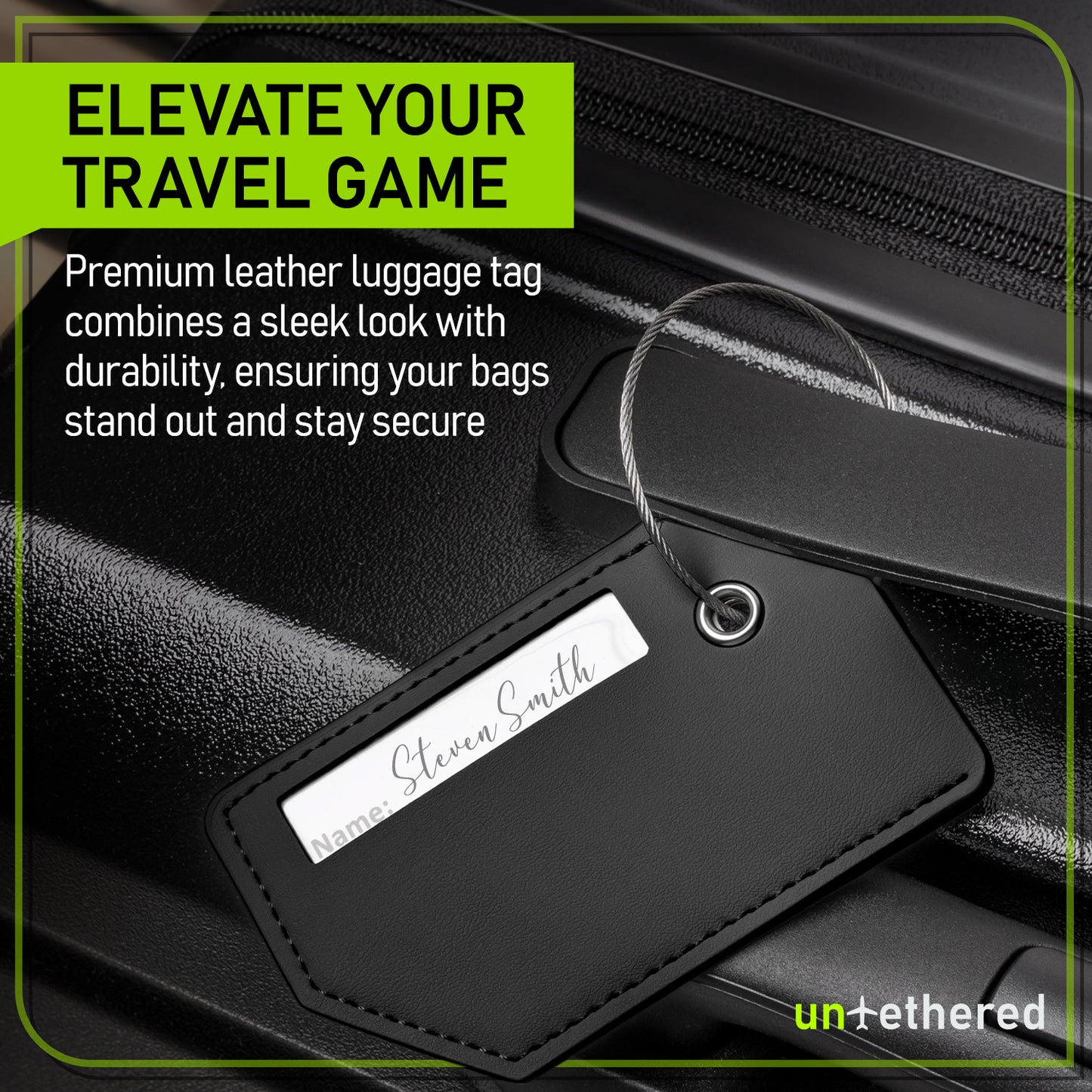 4-Pack Black Leather Luggage Tag Set