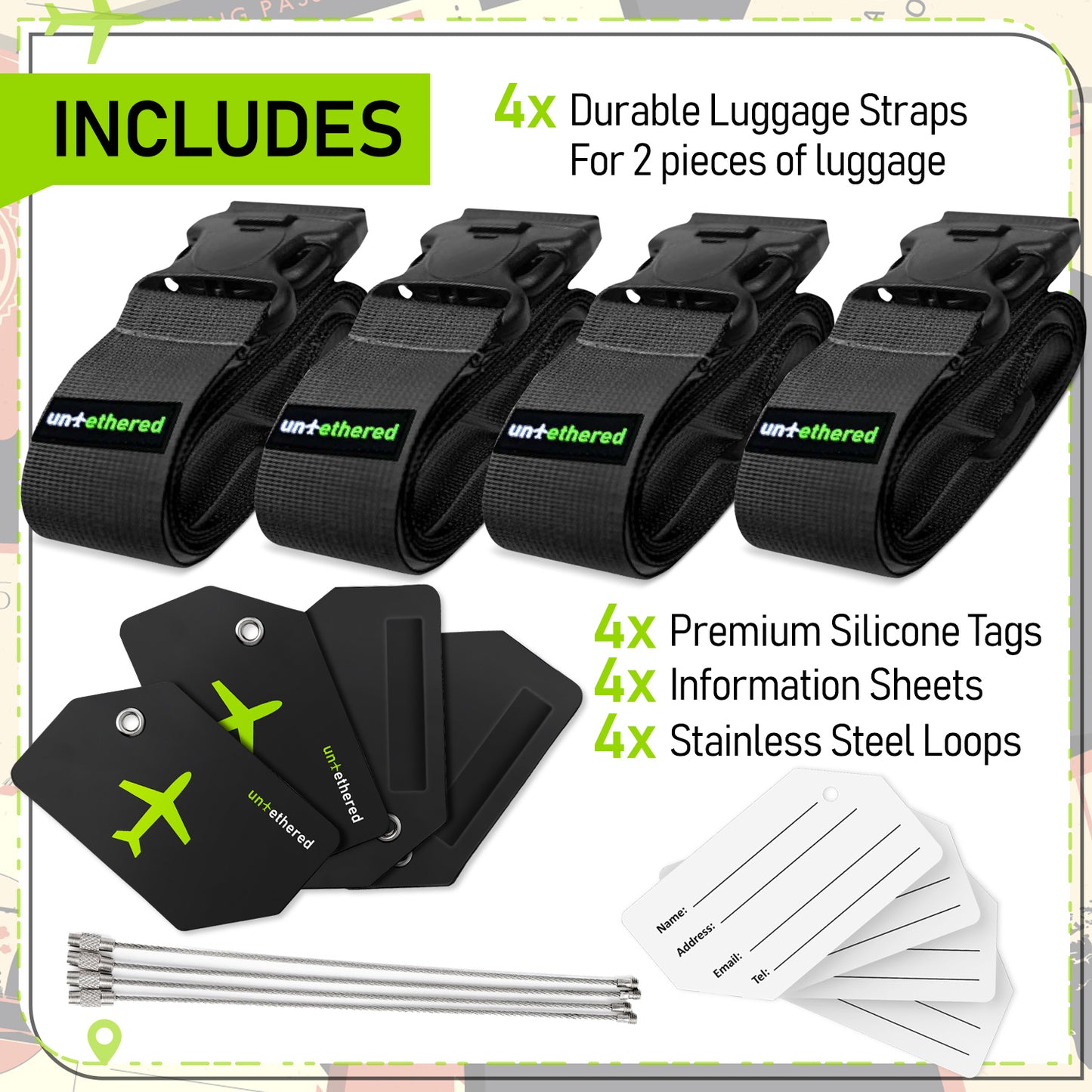 Black 4 Premium Luggage Straps and 4 Silicone Tags