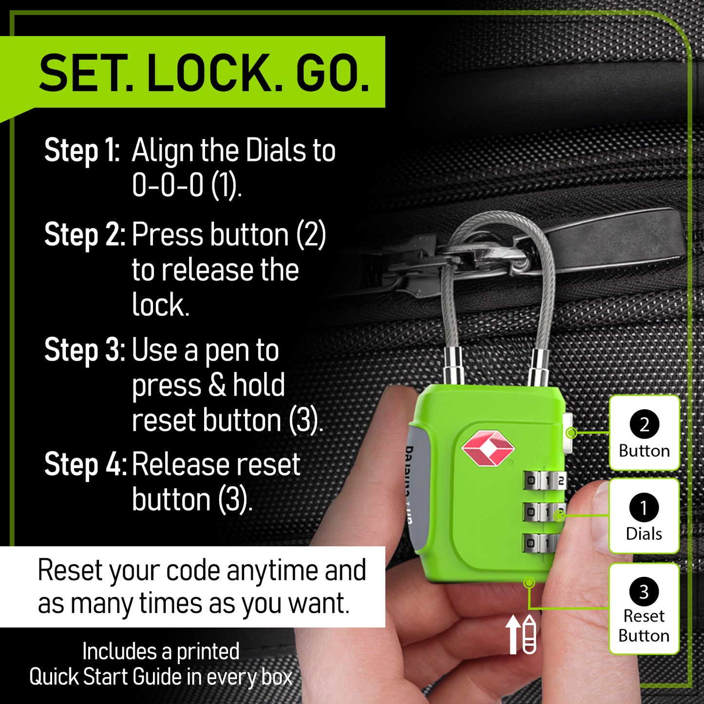 3-Pack Green TSA-Approved Luggage Locks