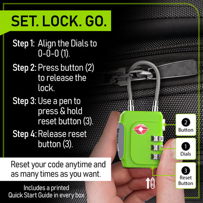 3-Pack Green TSA-Approved Luggage Locks