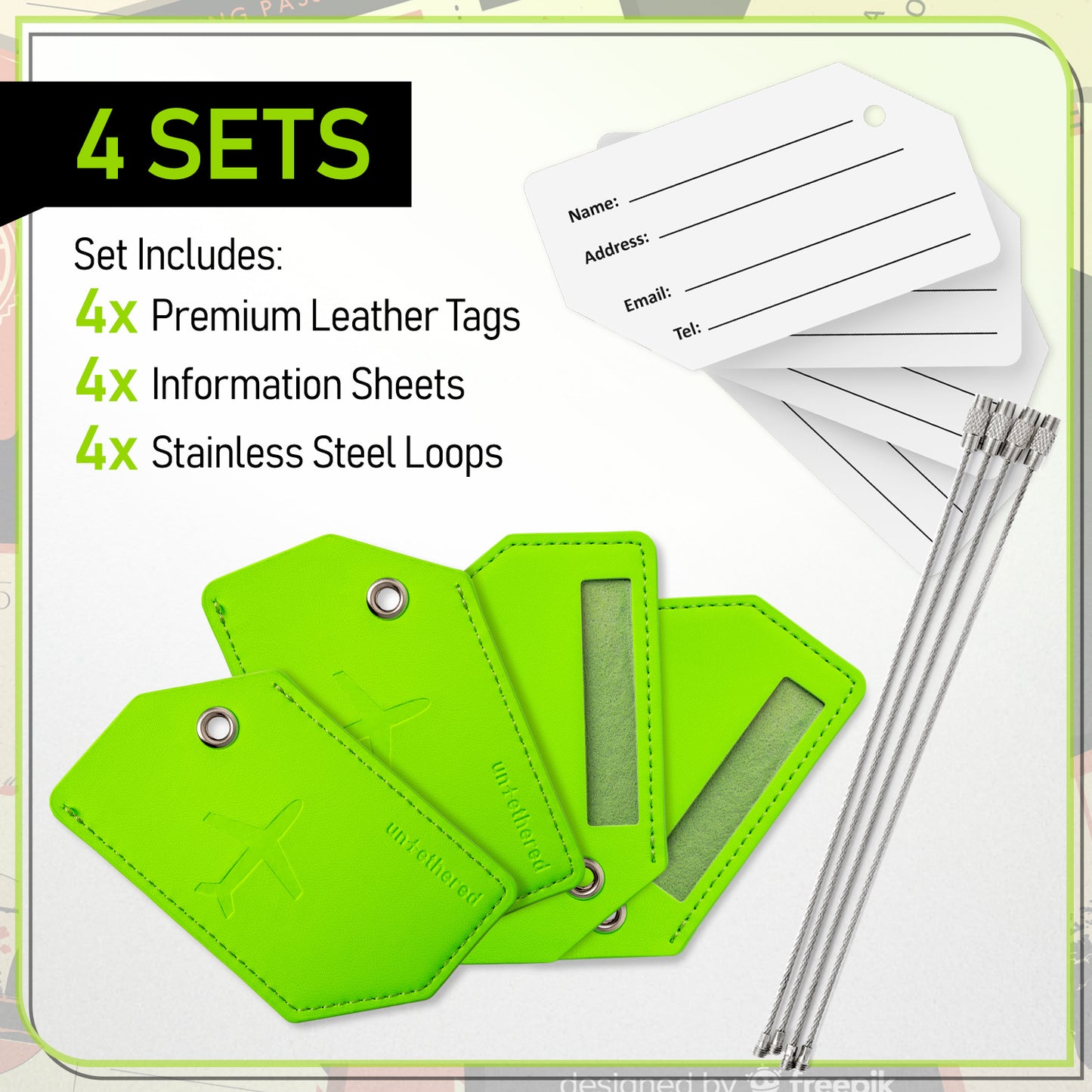 4-Pack Green Leather Luggage Tag Set