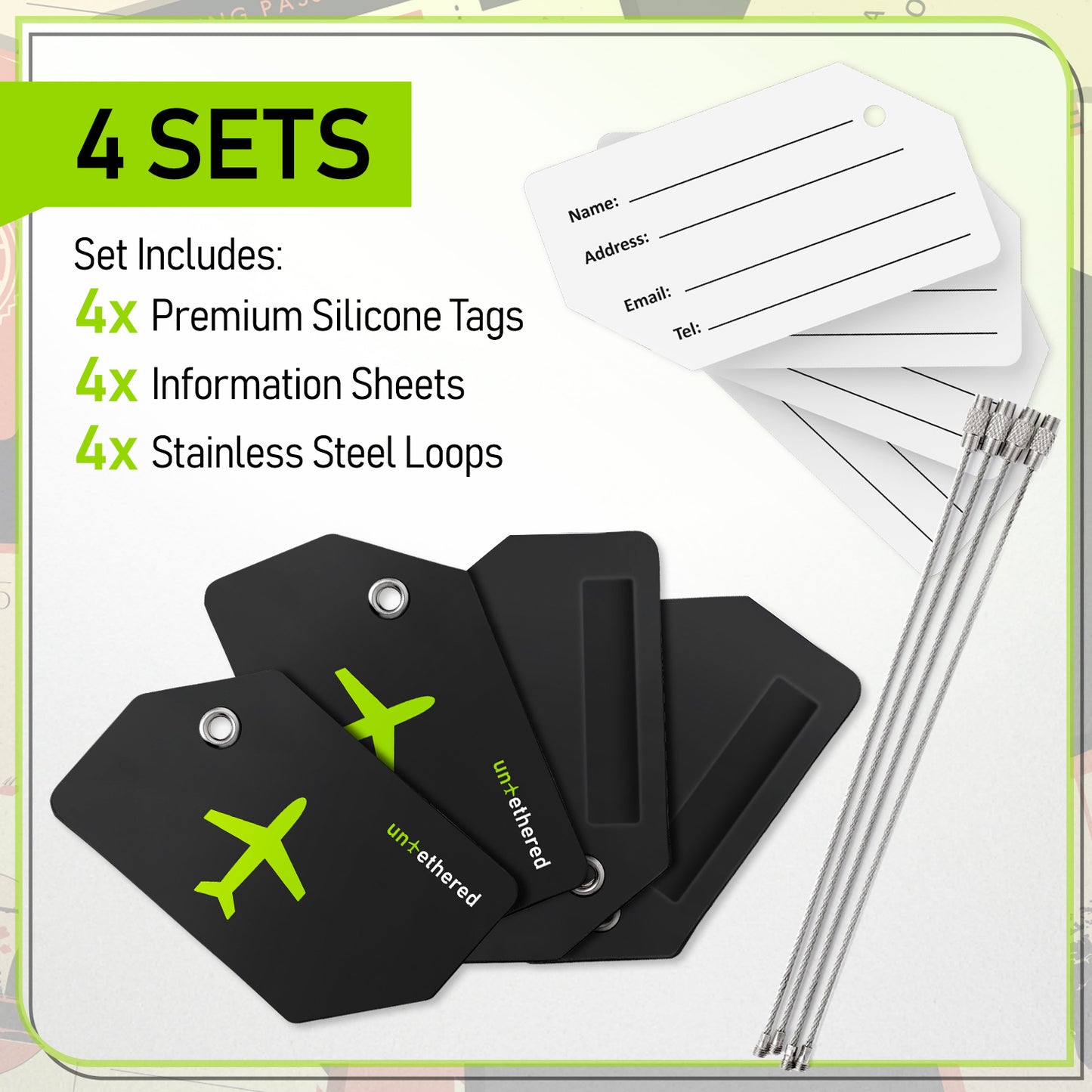 4-Pack Black Silicone Luggage Tag Set