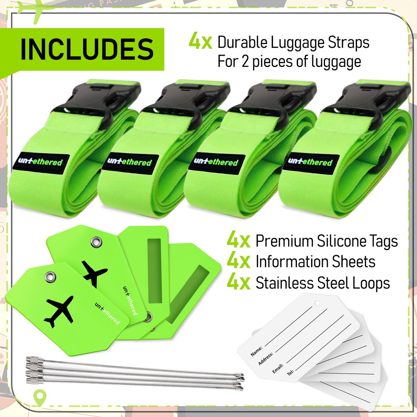 Green 4 Premium Luggage Straps and 4 Silicone Tags