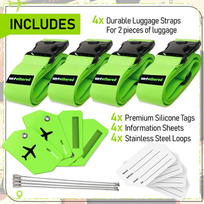 Green 4 Premium Luggage Straps and 4 Silicone Tags