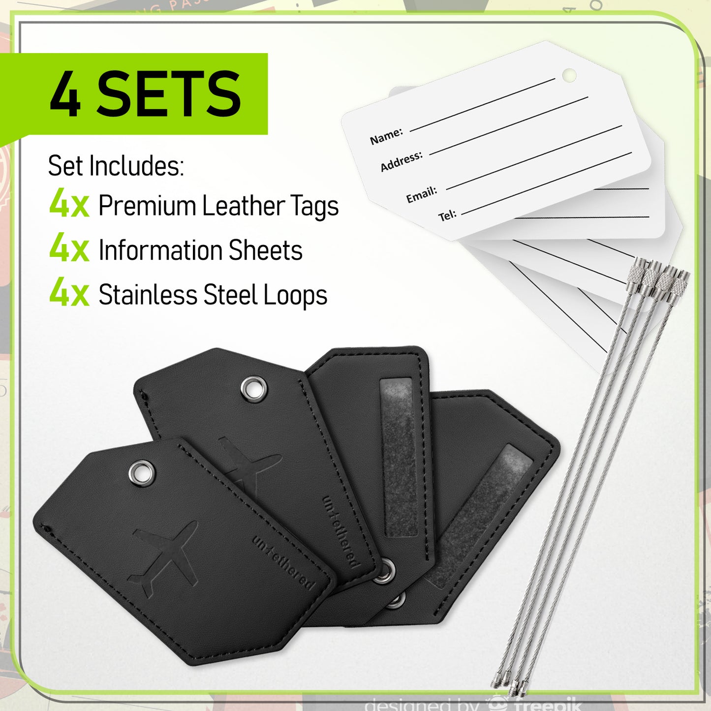 4-Pack Black Leather Luggage Tag Set