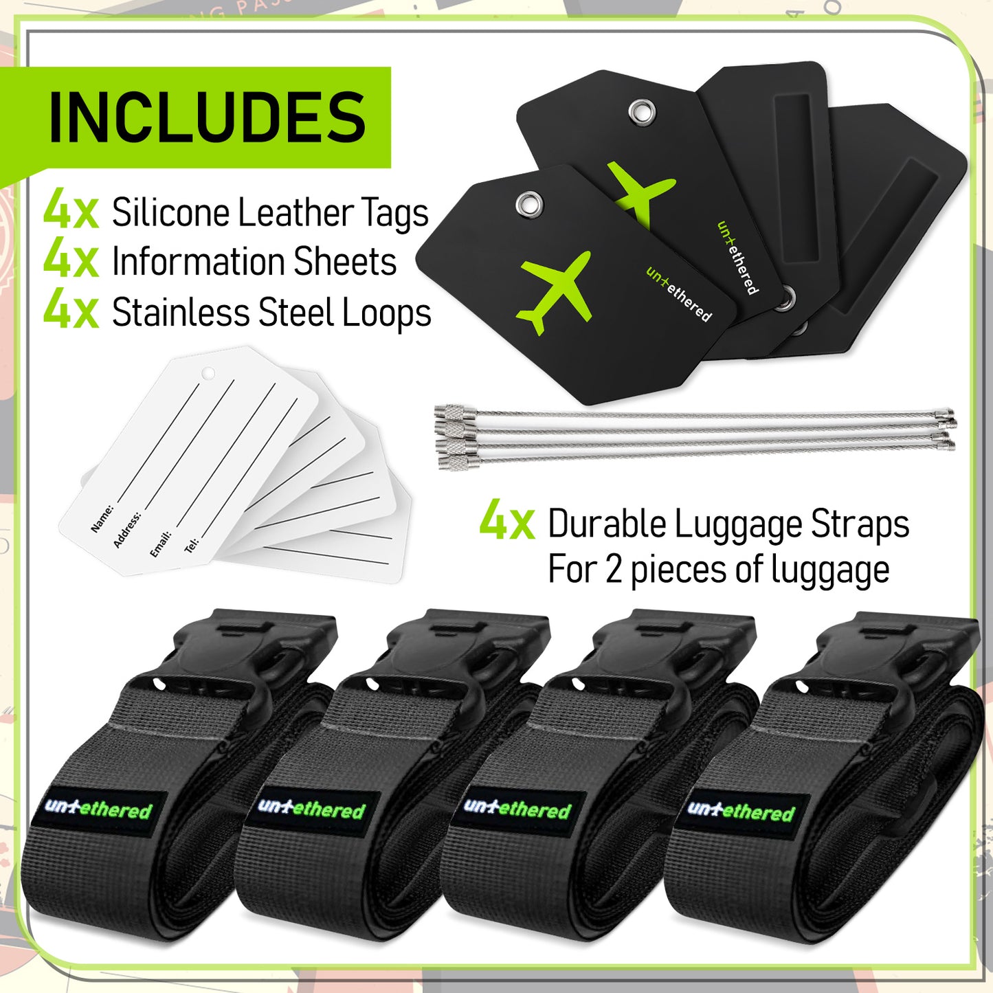 4-Pack Black Luggage Tag and Strap Set