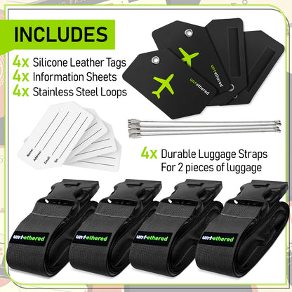 4-Pack Black Luggage Tag and Strap Set