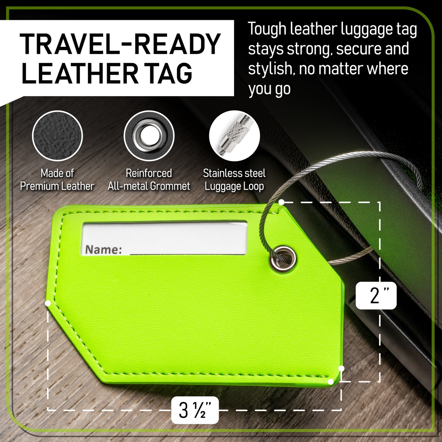 4-Pack Green Leather Luggage Tag Set
