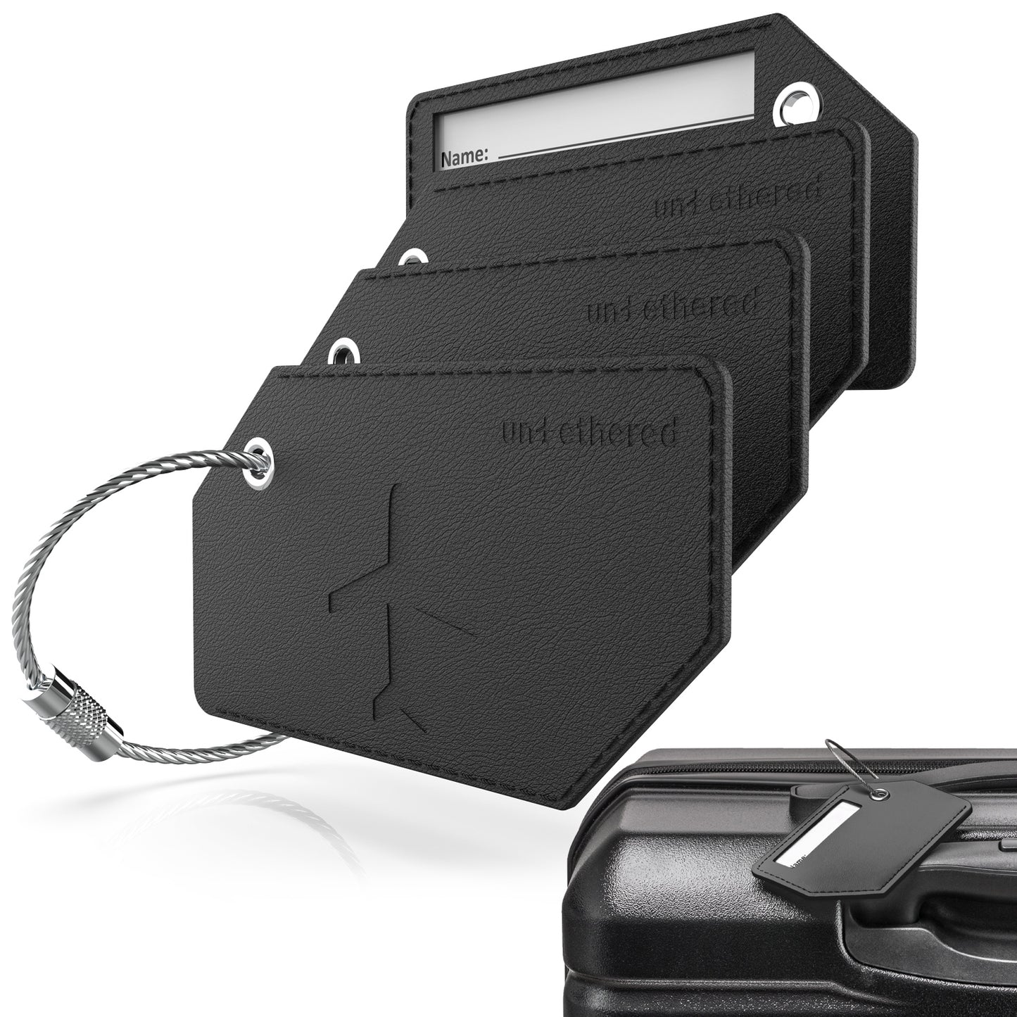4-Pack Black Leather Luggage Tag Set