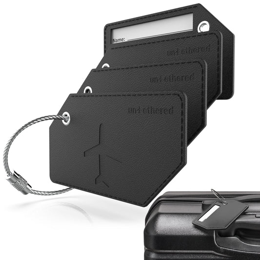 4-Pack Black Leather Luggage Tag Set