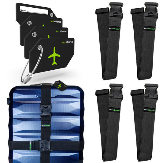 Black 4 Premium Luggage Straps and 4 Silicone Tags