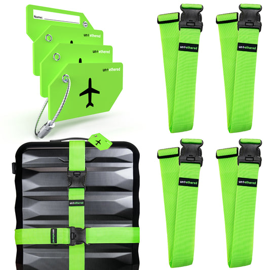 Green 4 Premium Luggage Straps and 4 Silicone Tags