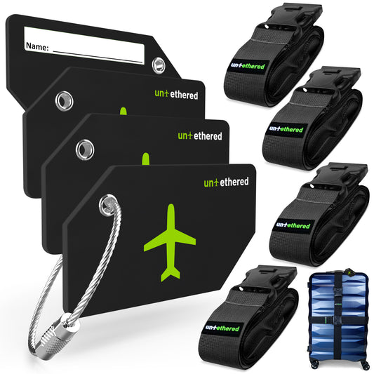 4-Pack Black Luggage Tag and Strap Set