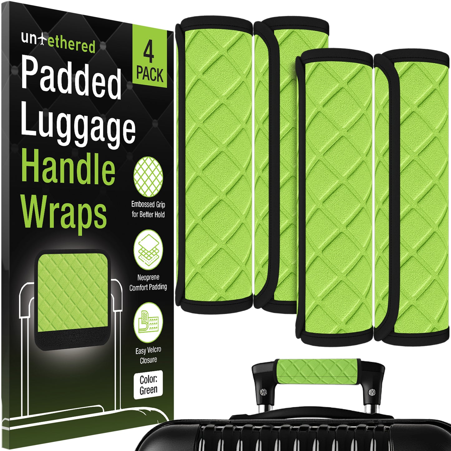 4-Pack Green Padded Luggage Handle Wraps