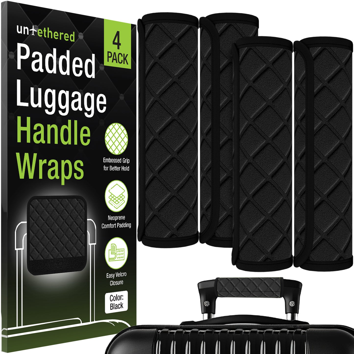 4-Pack Black Padded Luggage Handle Wraps